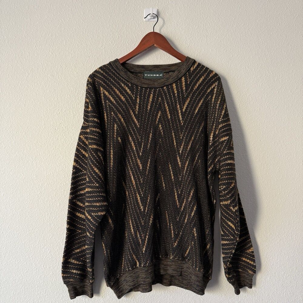 VTG 90s Tundra Sweater Mens M Brown Tan Geometric 3D Textured Earthy Streetcore
